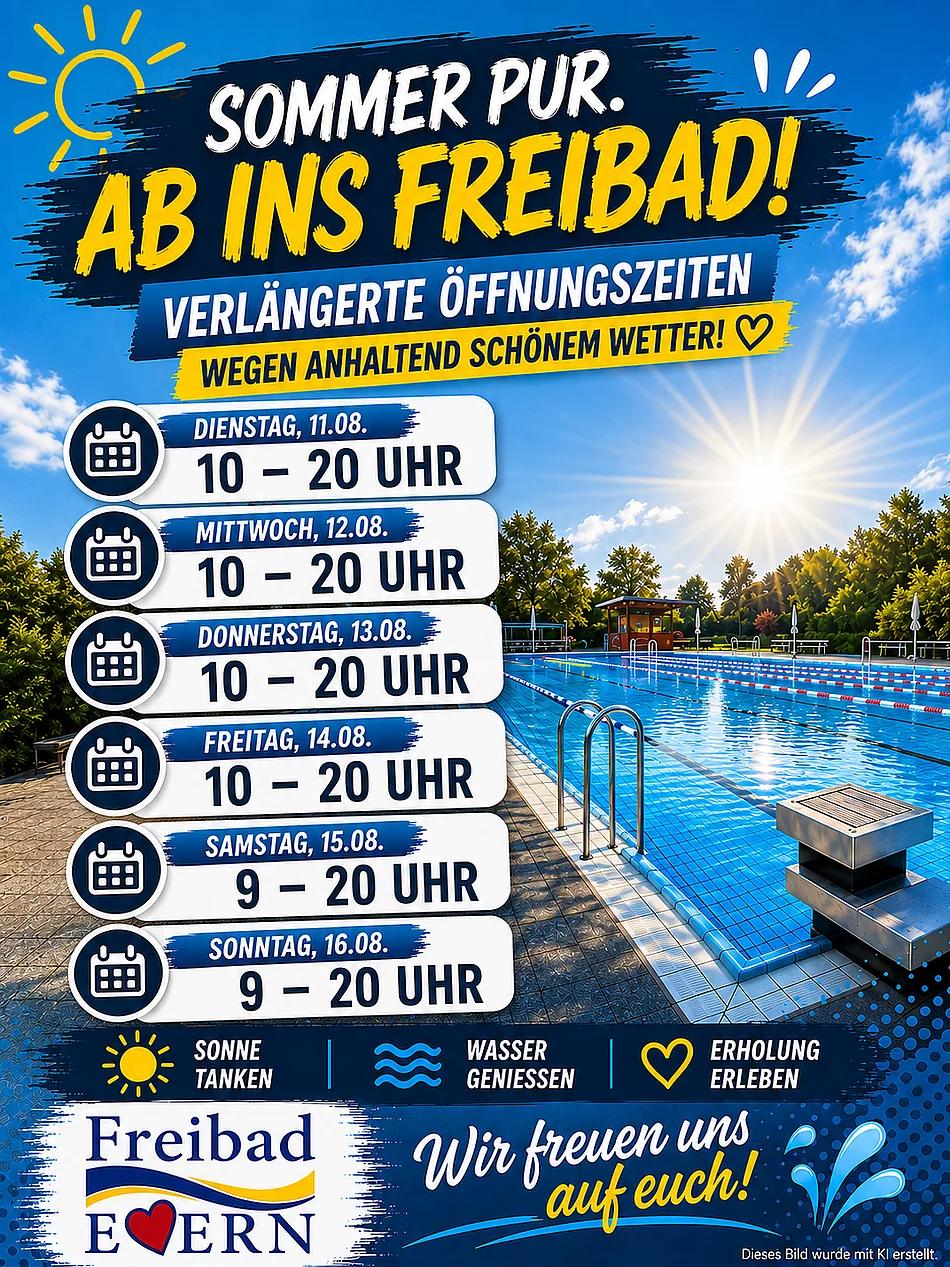 Hinweis auf die längeren Öffnungszeiten im Freibad Ebern